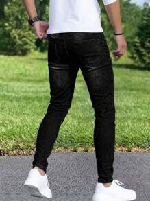 1pc Men's Slim Fit Distressed Black Straight Leg Casual Jeans, Elastic, With Pockets, Breathable, Suitable For City Walking, Family, Outdoor Activities, All Season
