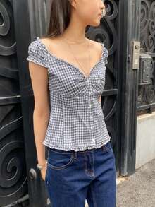 Women's Y2K Fairycore Shirt Top Vintage Cap Sleeve Button Down Ruffle T Shirts Tops Solid Color Slim Fit Frill Tees Summer Blouses Casual Going Out Tops Aesthetic Clothes Streetwear - 水鴨藍 - 查看 7