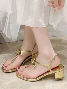 Women's Solid Color Fashion Sandals, Golden Flower Decorated Shoes, Summer T-Strap High Heels, Casual Single Strap Anti-Slip Thick Sole High Heels