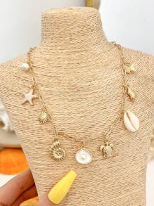 1 pièce Collier style océan avec pendentif coquillage, tortue, étoile de mer orné de perles et de charm coquillage. Chaîne clavicule pour femmes