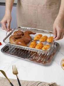 1pc/2pcs 304 Stainless Steel Double-Ear Roasting Net Basket, 13-Inch Stainless Steel Wave Bottom Roasting Pan, Reusable Rectangular Mesh Basket For Frying, Grilling, Kitchen Filter, Outdoor Camping BBQ, Home Oven Baking Tools, Kitchen Accessories