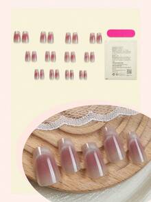 24片猫眼法式美甲贴纸，中号棺材形，带腮红法式装饰，简约风格，亮面全覆盖假指甲，适合女性和女孩日常佩戴的美甲用品 - 彩色 - 查看 2