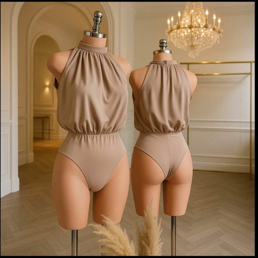 Women's Bodysuit With High Neck Draped Fresh Fabric Women's Bodysuit T-Shirt Leotard Hollow Out Suplex Modas - Nude - 查看 1