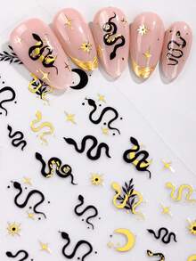 6 件金蛇指甲贴纸，波西米亚 3D 宝石太阳星星月亮自粘指甲贴花，女士 DIY 美甲用品 - 彩色 - 查看 2