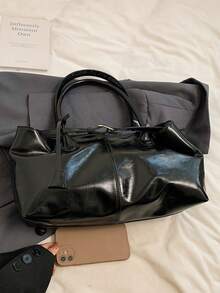 1个女士大容量手提包，PU皮革单肩包，休闲经典简约设计师商务风格包，时尚女士通勤包，黑色、白色、棕色、银色 - 黑色 - 查看 5