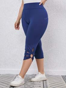 Pantalón corto de tiro alto de unicolor y ajustado con diseño hueco para mujer de talla grande