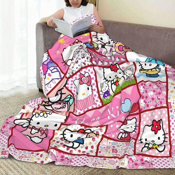 Sanrio Sanrio Hello Kitty Miękki flanelowy koc - Nowoczesny dzianinowy wzór, Można prać w pralce, Idealny prezent na sofę, łóżko, drzemki w biurze