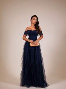 Off Shoulder Tiered Prom Dress. Elegant Zipper Wedding Party - Teal Blue - View 2