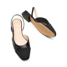 Women Slingback Ballet Flats Square Cap Toe Low Heel Party Wedding Dress Shoes - 黑色/PU - 查看 3
