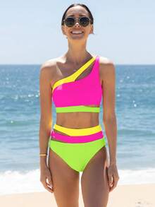 popvil Women One Shoulder Colorblock Cut Out High Waist Two Pieces Swimsuit For Summer Holiday Beach - Hot Pink - View 1