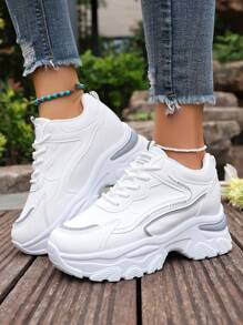 1 par de zapatos deportivos casuales de mujer con rayas grises y blanco, con plataforma y suela gruesa, zapatillas chunky, con plantilla interior que aumenta la altura, adecuados para uso diario, vacaciones, citas, etc. Zapatos deportivos casuales, con efecto de lentejuelas, estilo clásico simple, altura de 7,5 cm