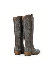 Women's Knee-High Boots, Comfortable Chunky Block Heel Pointed Toe Pull On Side Zipper Suede Slouch Riding Boots - Mocha Brown - View 6