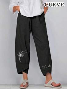 Plus Women's Print Elastic Waist Cropped Harem Pants With Pocket