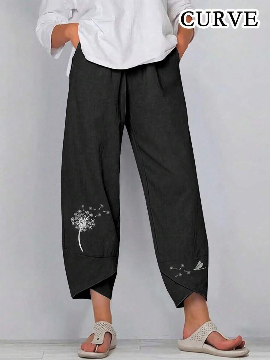Plus Women's Print Elastic Waist Cropped Harem Pants With Pocket