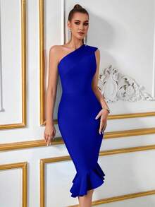 女士优雅纯色单肩高腰修身鱼尾不对称下摆绷带派对连衣裙