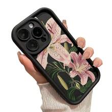 Vintage Floral Lily Pattern TPU Phone Case For IPhone 16 15 14 Pro Max 13 12 11 XR XS Plus Shockproof Drop Protection Rugged Durable Silicone Cover Cellphone Protective Flower Casing - 酒紅色 - 查看 11