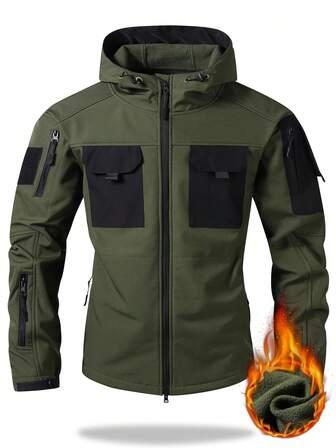 Men's Casual Sports, Hiking, Climbing, Outdoor Fashion Color-Block, Multi-Pocket, Workwear, Military Green, Insulated Fleece, Adjustable Hooded Jacket With Drawstring,Winter,Skiing