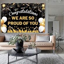 TYFYO 1pc Graduation Photography Background, Black Graduation Cap And Golden Balloon Graduation Congrats Party Banner Background