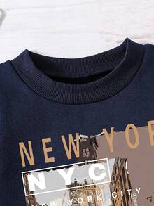 青少年男孩风景印花圆领运动衫和运动裤休闲两件套 - 寶藍色 - 查看 3