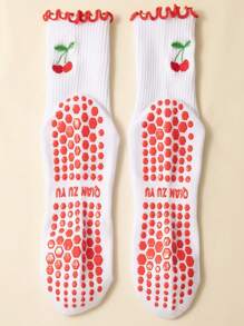 1 Paar Yoga Socken, Damen Mittellange Socken, rutschfest mit Klebstoff, Stickerei mit Spitze, Kirsche Stickerei, Training, Laufen, Pilates
