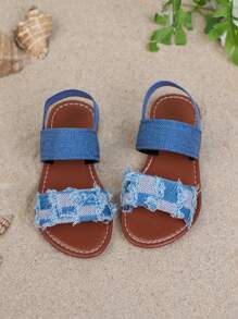 1 Pair New Style Children's Fashion Flat Sandals, Canvas Elastic Strap Design, & Versatile, Suitable For Girls Outdoor, Casual, Beach Wear