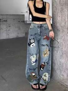 Y2K Street Washed Letter Cartoon Print Slant Pocket Wide Leg Jeans Preppy Comfort Denim Pants