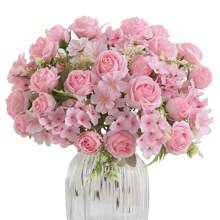 1/4 peças Buquê de Flores Artificiais Realistas, Buquês Reutilizáveis de Rosas Falsas, Crisântemos, Hortênsias com Haste, Decoração de Mesa de Sala, Arranjos Florais Artificiais, Decoração de Jardim Exterior, Decoração de Casamento Chá de Panela, Outono - Sem Recipiente