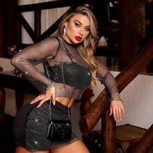 Cropped Long Sleeve Shiny Rhinestone Transparent High Quality Screen With Application