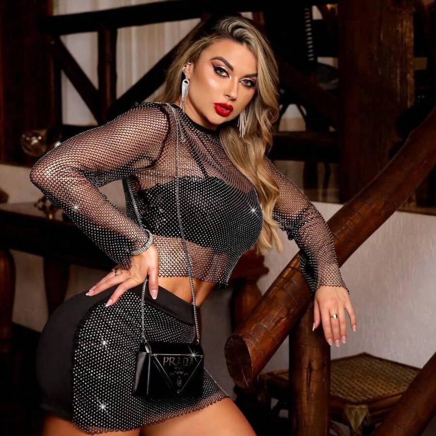 Cropped Long Sleeve Shiny Rhinestone Transparent High Quality Screen With Application