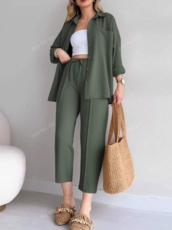 2pcs Women's Solid Color Button Front Pocket Long Sleeve Top And Tied Waist Long Pants Suit