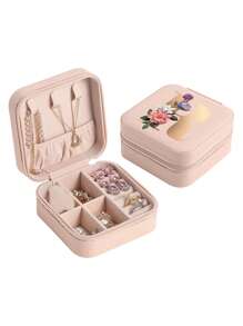 1pc Mini Floral Alphabet Jewelry Storage Box, A-Z Gold Letters, Portable Zipper Travel Jewelry Storage Box, Gift Box For Women, Multi-Function Jewelry Display Stand For Rings, Pendants, Earrings, Necklaces, Etc. - Suitable For Women, Mother, Girlfriend, Valentine's Day Gift Box.