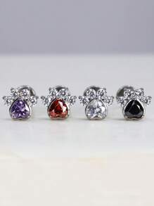 Aretes de titanio ASTM F136 con circonitas engastadas en forma de pata de gato, animal o perro, con rosca interna de 1,2 mm (calibre 16), para piercing de caracola, hélix, cartílago, lóbulo, trago y daith.