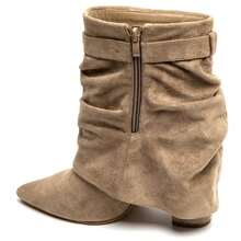 Women's Solid Color Pointed Toe Zipper Mid-Calf Boots With Buckle - TAUPE - View 4