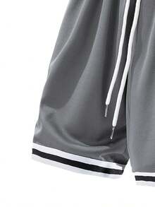 Men's Basketball Style Drawstring Casual Shorts, Contrast Color Trim Design Sports - Grey - View 5