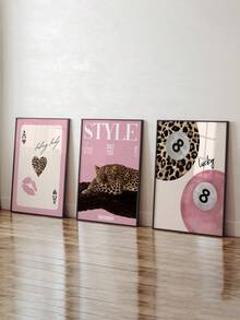 1/3幅豹纹油画海报，猎豹图案，8号球海报，幸运艺术画，嘴唇墙画，优雅墙面装饰，客厅墙面装饰，女孩房装饰，无框 - 米色 - 查看 3