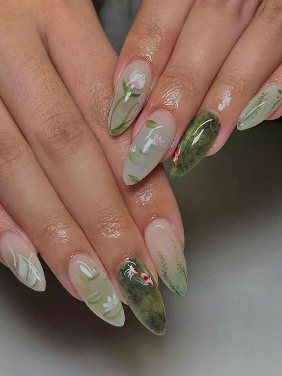 24pcs Medium Almond Shaped Gradient Nail Stickers, Green Floral Fresh Design, Glossy Full Coverage, Suitable For Summer Manicure - Multicolor - View 1