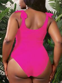 Slaydiva Plus Size 1pc Solid Color Ruched One-Piece Swimsuit, Beach Holiday Style Summer - Hot Pink - View 2