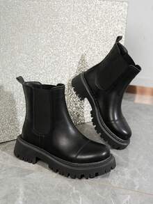 切尔西踝靴，粗跟一脚蹬短靴，时尚粗跟皮革战斗靴