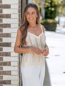 EMERY ROSE 法式无袖吊带背心杏色纯色镂空针织背心女夏装度假沙滩装服装夏季上衣度假装女 - 杏色 - 查看 2