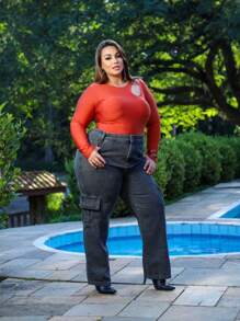 Plus Size Mom Cargo Jeans High Waist Graphite