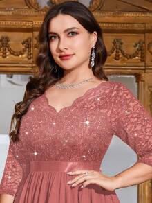 Plus V Neck Sequin Floral Lace 3/4 Sleeve Ruffle Chiffon Hem Formal Evening Party Dress, Elegant Wedding Guest Gown,For Graduation,Dinner,Homecoming - 藕粉色 - 查看 8