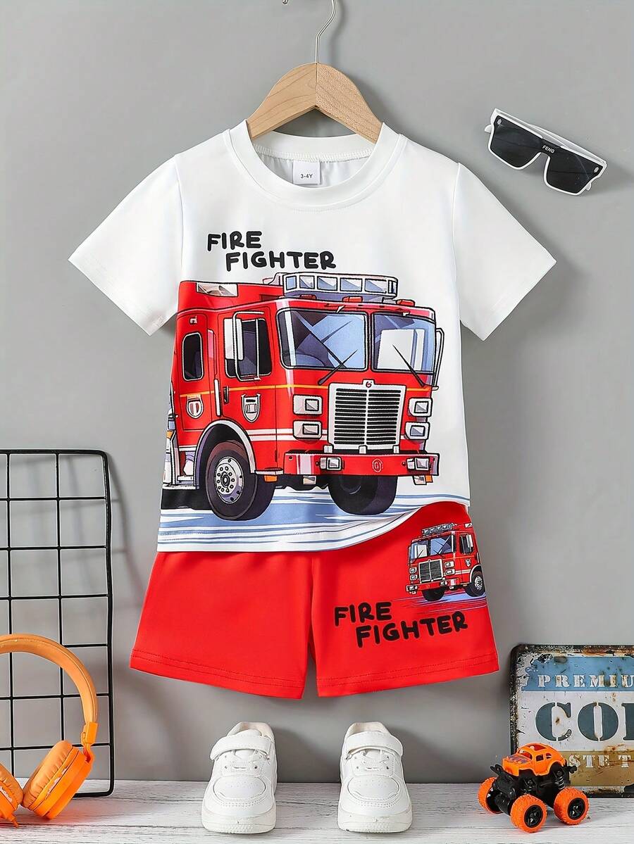 2pcs/Set Toddler Boys Cool Fire Truck Digital Print Pattern Casual Sports Outdoor Short Sleeve T-Shirt & Shorts Set, Lightweight & Breathable Summer Outfit, Great As Gift, Suitable For Outdoor Wear - White - View 1