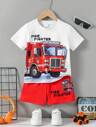 2pcs/Set Toddler Boys Cool Fire Truck Digital Print Pattern Casual Sports Outdoor Short Sleeve T-Shirt & Shorts Set, Lightweight & Breathable Summer Outfit, Great As Gift, Suitable For Outdoor Wear