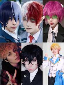 Tóc giả cosplay Anime ngắn thẳng đa năng chịu nhiệt bằng tóc tổng hợp có mái, tóc giả thông dụng cho nam, trang phục dự tiệc, tóc giả tua rua nhiều màu sắc thời trang cổ điển, phù hợp cho các buổi hòa nhạc ngày lễ, câu lạc bộ đêm, lễ kỷ niệm, nhiều màu sắc, phong cách đa dạng, phù hợp với mọi tông màu da, nam và nữ - Một kích cỡ phù hợp với tất cả (Màu sắc: Tóc giả chia ngôi xanh lam hải quân, tóc giả nửa đỏ nửa bạc, tóc giả đỏ hồng, tóc giả hai màu đen và hồng, tóc giả hồng và vàng, tóc giả đen) - Nhiều màu - Xem 1