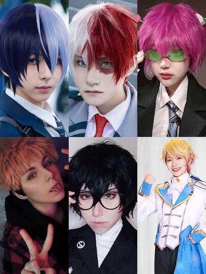 短直多功能动漫角色扮演假发，耐热合成纤维，带刘海，男女通用，适合派对、服装、节日、音乐会、夜店等场合，多种颜色可选，百搭款式，男女皆宜 - 均码（颜色：海军蓝分叉假发、红银半假发、玫瑰红假发、黑粉双色假发、粉金双色假发、黑色假发）