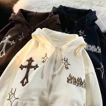 Gothic Embroidery Hoodies Women Retro Harajuku Hip Hop Jacket Zip Up Hoodie Loose Sweatshirt Clothes Y2K Tops - 棕色 - 查看 4