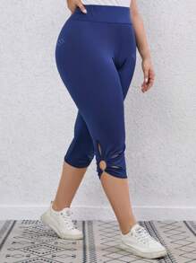 Pantalón corto de tiro alto de unicolor y ajustado con diseño hueco para mujer de talla grande