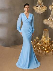 Elisanya 女士优雅交叉V领灯笼袖鱼尾连衣裙 - 精致永恒的设计，适合春夏婚礼、晚宴、红毯伴娘礼服、夏季度假装扮 - 淺藍色 - 查看 6