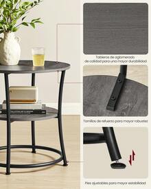 VASAGLE Mesa Auxiliar, Mesa Auxiliar con 2 Estantes, Mesa Redonda Pequeña para Salón, Dormitorio, Industrial, Gris Paloma y Negro Tinta - Gris - Ver 5