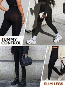 Women's Compression Leggings Butt Lifting Seamless High Waist Tummy Control Stretchy Shapewear Pants - Black - View 6